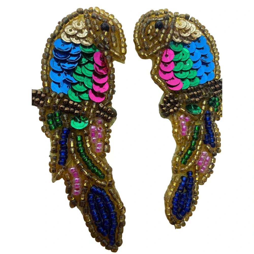 Vintage Style Beaded Sequin Parrot Bird Applique Patches Set of 2 Multi-Color